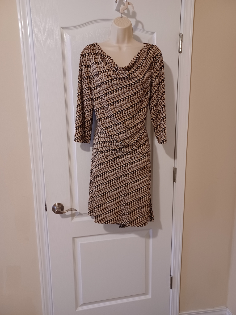 Beige and Black Draped Cowl-Neck Blouse And Midi Skirt